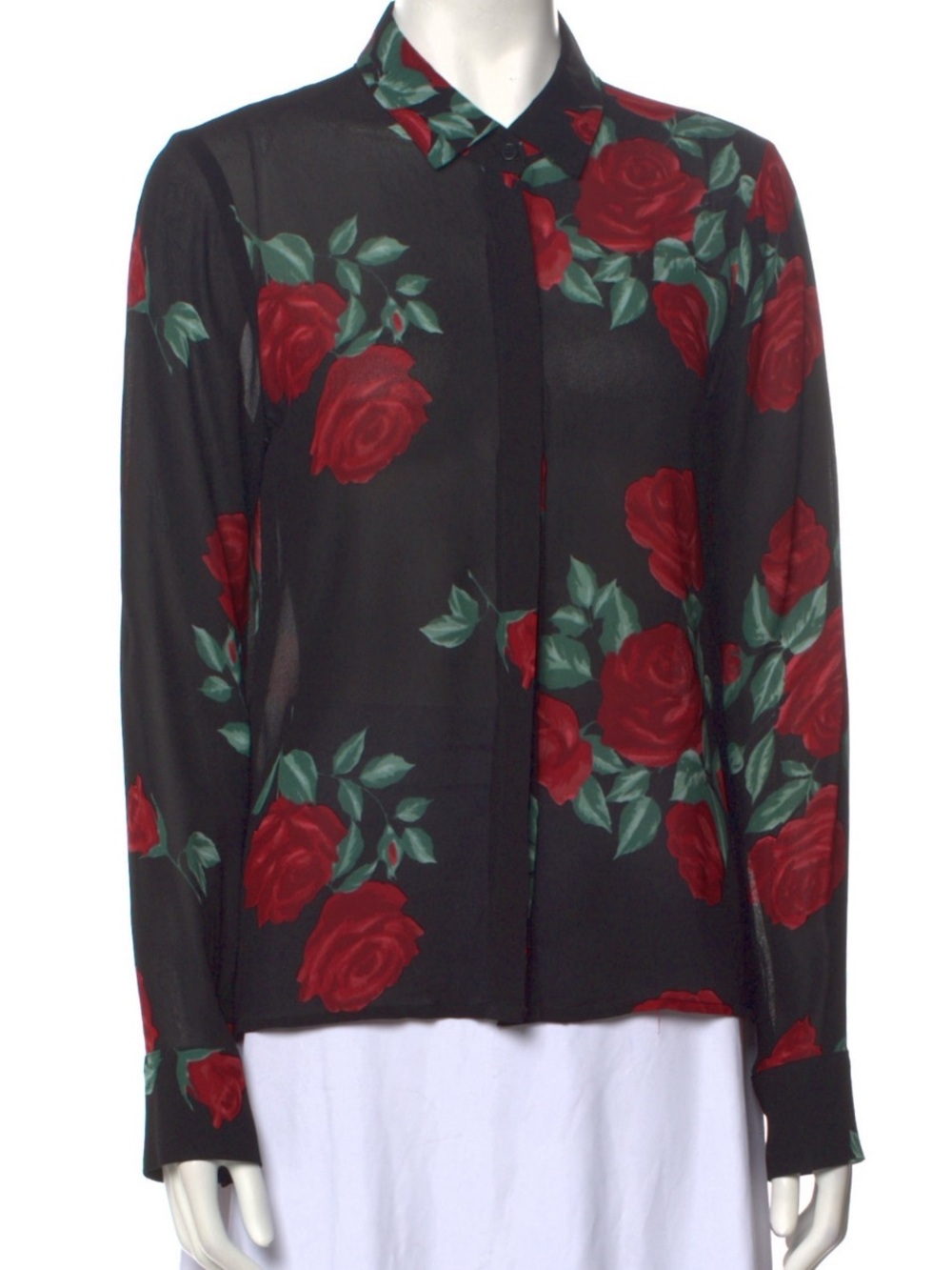 Reformation Floral Print Long Sleeve Button-Down Blouse with Red Rose Print